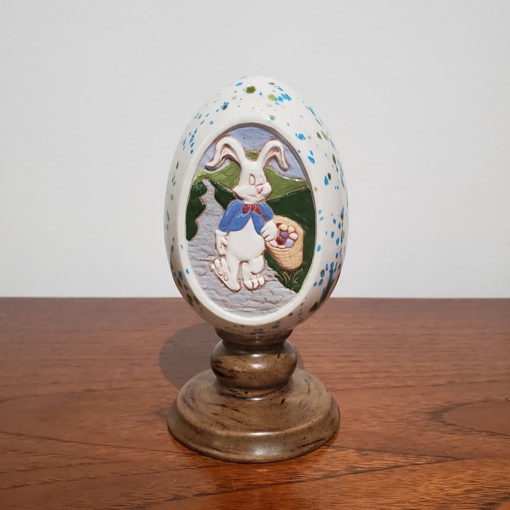 Vintage Ceramic Easter Egg Anthropomorphic‎ Easter Bunny PEDESTAL Handmade